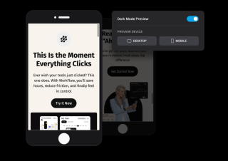 Two smartphones display a dark mode preview with text about saved hours, friction reduction, and feeling in control, accompanied by a dark mode button and mobile navigation options.