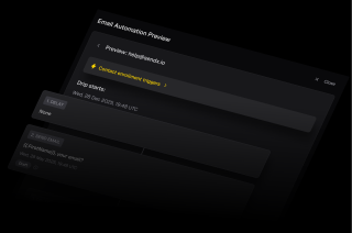 A black email automation preview displays a preview message, a dropdown menu, and a text area, with a calendar and calendar entry for December 28, 2025.