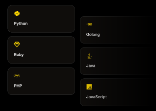 A grid of six black-background squares displays yellow software icons and names, including Python, Golang, Ruby, Java, PHP, and JavaScript.