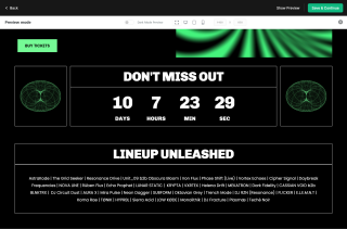 A concert ticket page displays a countdown of 10 days, 7 hours, 23 minutes, and 29 seconds, with a 
