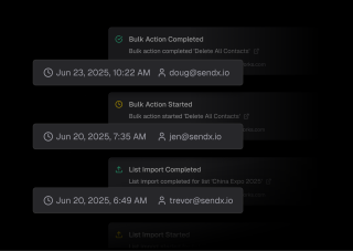 A screenshot of a digital calendar displays upcoming events, including a bulky action completed on Jun 23, 2025, and a list import completed on Jun 20, 2025.