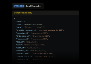 Webhooks for SendXlibhooks are provided in a black and yellow request body, including a type, time, data, provider, campaign, drip step, RSS exec, contact, and template links.