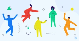 Four stylized figures in blue, red, green, and orange are depicted against a light blue background with geometric shapes.