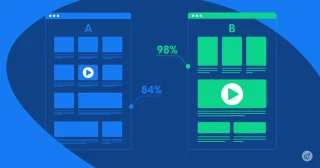 Two screens, labeled A and B, display different content: A shows blue rectangular shapes with a play button; B shows green rectangular shapes with a video play button and a text block.