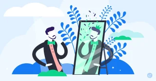 A cartoon man in a black suit and pink tie stands beside a black-framed mirror displaying a green-tinted reflection, framed by blue leaves and a blue sky.