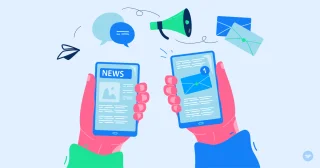 Two hands hold smartphones displaying “NEWS” with icons and icons and text surrounding them against a light blue background.